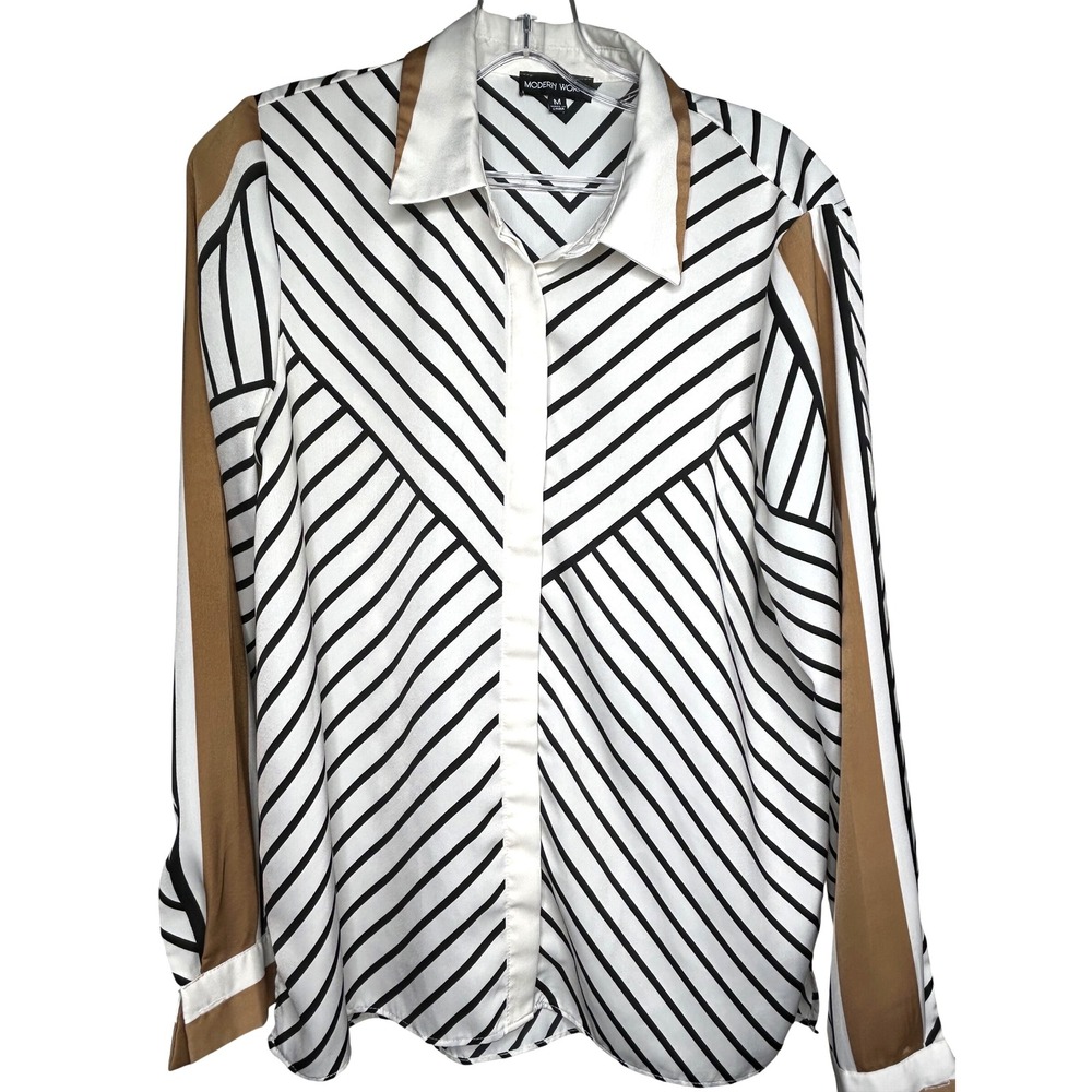 Modern Works Women's Geometric‎ Stripe Button Down Shirt Long Sleeve Size M